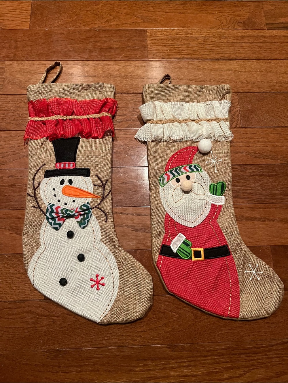 Hobby Lobby Burlap Santa and Snowman Stockings in Red, White, Green, Black